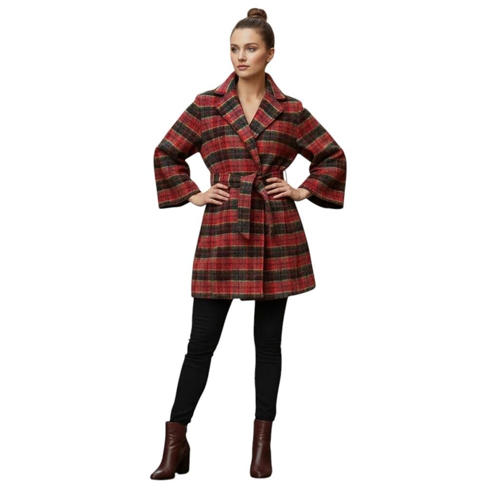 New York & Company Plaid Belted Wool-Blend Cape Jacket, XS/S
